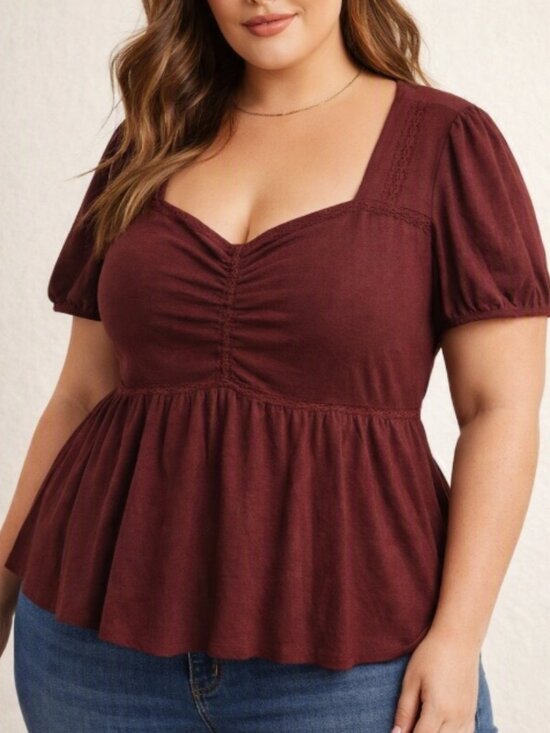 torrid Tops - Torrid Burgundy Lace Trim Peplum Top Blouse Plus 1X Romantic Feminine Boho Chic